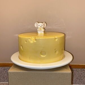 Vintage Handmade Ceramic Yellow Round Cheese Dome Dish With Lid and Mouse